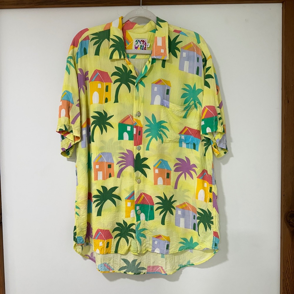 Jams World Button Up Shirt Vintage Large Yellow Rayon Tropical House Palm Hawaii